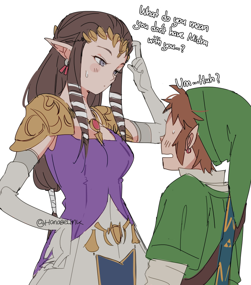 1boy 1girl absurdres blonde_hair blush breasts brown_hair dress earrings gloves green_tunic hanaberin hat height_difference highres jewelry link long_hair open_mouth pointy_ears pointy_hat princess_zelda sidelocks sword sword_on_back the_legend_of_zelda the_legend_of_zelda:_skyward_sword the_legend_of_zelda:_twilight_princess time_paradox tunic weapon weapon_on_back