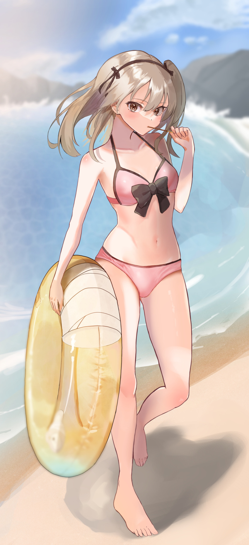 1girl absurdres barefoot beach bikini black_ribbon blue_sky bow bow_bikini breasts brown_eyes cloud cloudy_sky commentary day eating food girls_und_panzer hair_ribbon highres holding holding_food holding_swim_ring innertube lazurite_(user_8870367) light_brown_hair long_hair looking_at_viewer navel one_side_up outdoors pink_bikini pocky ribbon shadow shimada_arisu sky small_breasts solo standing swim_ring swimsuit walking wind