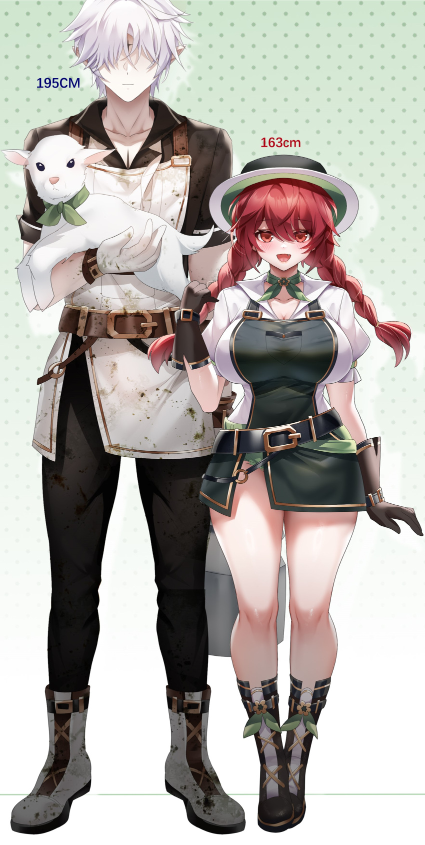 1boy 1girl absurdres apron been belt black_belt black_footwear black_gloves black_pants boots braid breasts brown_belt brown_shirt character_request cleavage collared_shirt dirty elesis_(elsword) elsword full_body gloves green_apron green_headwear green_neckerchief hat height_chart highres huge_breasts impossible_clothes impossible_shirt long_hair looking_at_viewer milk_churn neckerchief open_mouth pants red_eyes red_hair shirt short_hair short_sleeves simple_background twin_braids white_apron white_footwear white_gloves white_hair white_shirt