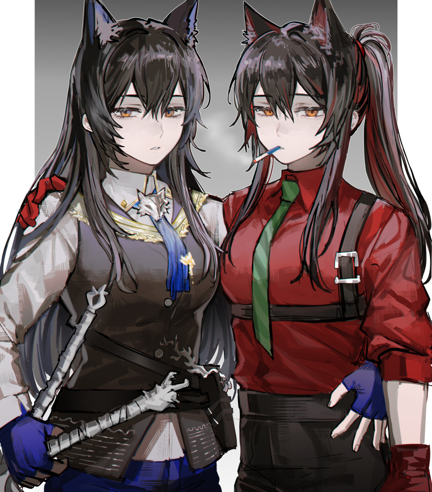 2girls absurdres alternate_costume animal_ears arknights black_hair black_pants black_vest blue_gloves blue_necktie border chinese_commentary cigarette collared_shirt commentary_request dual_persona fingerless_gloves gloves gradient_background green_necktie grey_background half-closed_eyes hand_on_another's_hip hand_on_another's_shoulder harness highres jsjdndhidnshssj long_hair long_sleeves multicolored_hair multiple_girls necktie pants ponytail red_hair red_shirt shirt sidelocks streaked_hair tail texas_(arknights) texas_(willpower)_(arknights) texas_the_omertosa_(arknights) upper_body vest white_shirt wolf_ears wolf_girl wolf_tail yellow_eyes