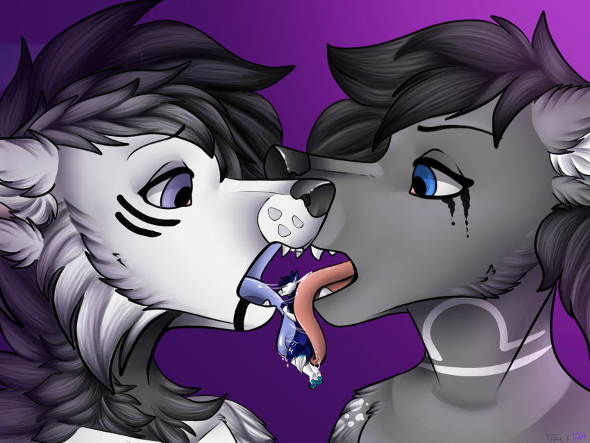 absurd_res anthro between_tongues bodily_fluids canid canine canis chikorainfox digital_media_(artwork) domestic_dog dripping duo eating food fox fur group hair hi_res husky kissing larger_male larger_prey licking loleczeq macro macro_predator male male/male mammal micro micro_focus micro_on_tongue micro_prey nordic_sled_dog open_mouth oral predator/prey saliva saliva_drip saliva_on_face saliva_on_tongue saliva_string samuelthewolf samuelwolfo simple_background size_difference smaller_anthro smaller_male spitz teeth tongue tongue_out trapped trio vore wolf