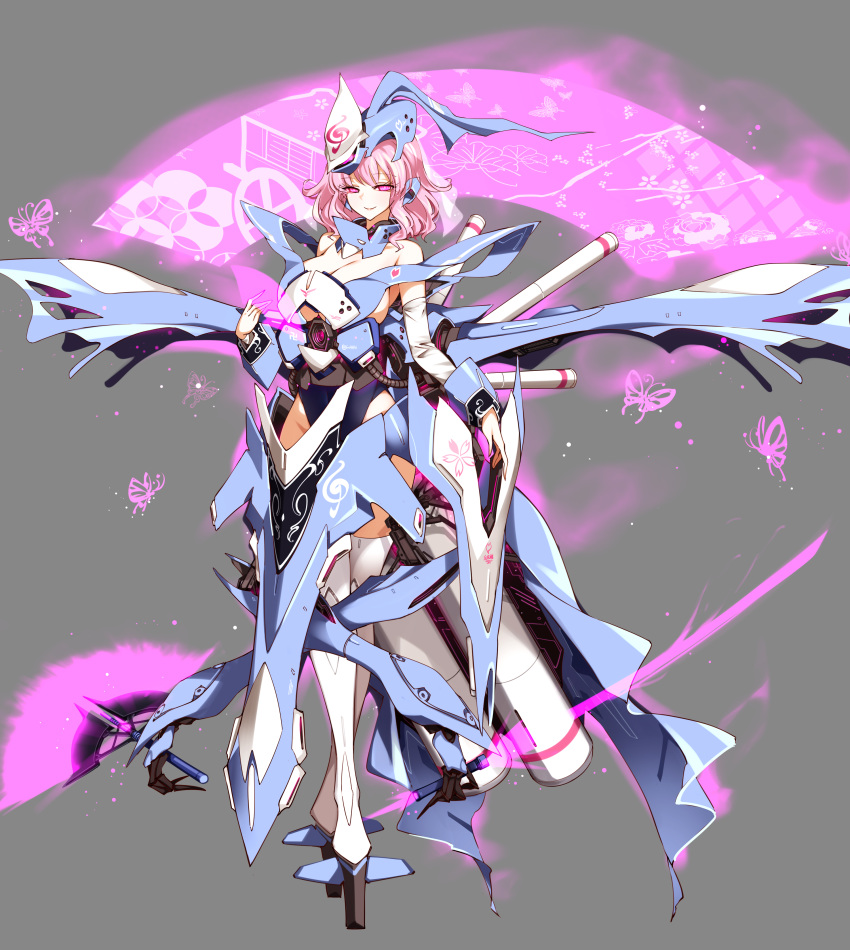 1girl absurdres alternate_costume breasts bug butterfly char's_counterattack char's_counterattack_-_beltorchika's_children extra_arms folding_fan ghost gundam hand_fan highres insect large_breasts mecha_musume mechanical_arms nightingale pink_eyes pink_hair raptor7 saigyouji_yuyuko saigyouji_yuyuko's_fan_design short_hair solo touhou triangular_headpiece wavy_hair