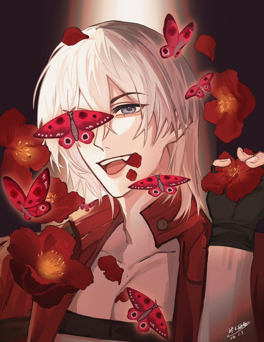 1boy belt_bra bishounen bizhiyouran black_gloves blood blue_eyes bug butterfly coat dante_(devil_may_cry) devil_may_cry_(series) devil_may_cry_3 fang fingerless_gloves flower gloves highres long_hair male_focus pale_skin red_butterfly red_coat red_flower short_hair white_hair