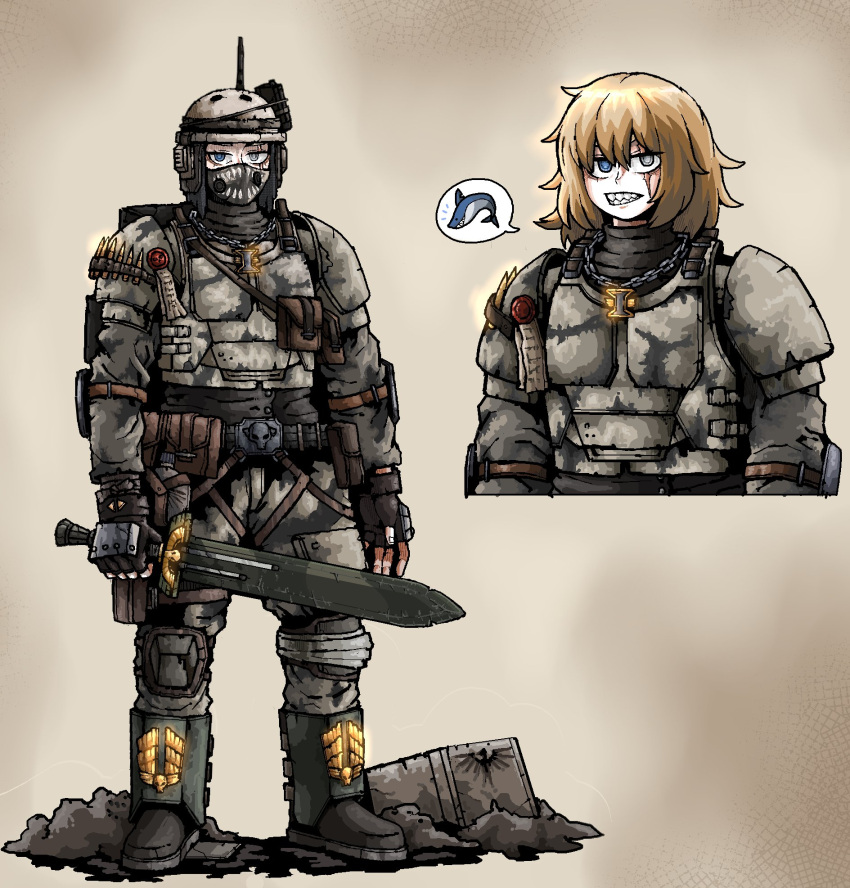 1girl ammunition_pouch astra_militarum bandana bandana_over_mouth belt blonde_hair blue_eyes bullet camouflage fingerless_gloves gloves grey_eyes helmet heterochromia highres imperial_aquila inquisition_(warhammer) jewelry looking_at_viewer necklace octosoup pouch power_sword purity_seal scar scar_across_eye shark shark_tooth sharp_teeth solo teeth warhammer_40k