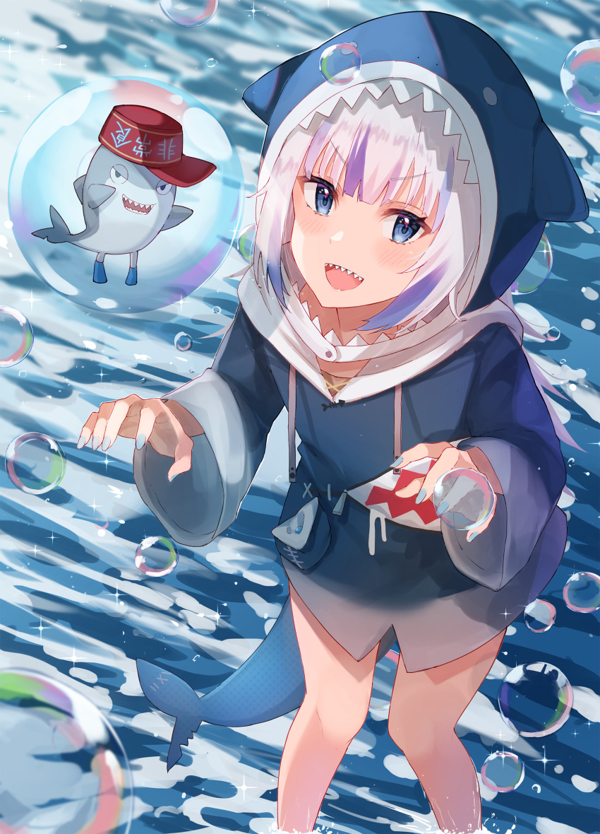 1girl absurdres animal_costume animal_hood blue_eyes blue_hair blue_hoodie blue_nails fins fish_tail gawr_gura gawr_gura_(1st_costume) grey_hair haru_yu highres hololive hololive_english hood hoodie looking_at_viewer medium_hair multicolored_hair nail_polish shark_costume shark_girl shark_hood shark_tail sharp_teeth smile streaked_hair tail teeth upper_teeth_only virtual_youtuber wading water