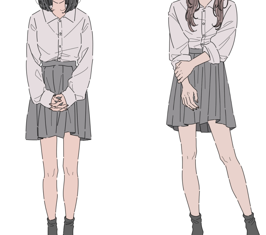 2girls black_hair black_socks brown_hair collared_shirt commentary_request dress_shirt grabbing_own_arm grey_skirt head_out_of_frame highres kamatama_rom long_hair long_sleeves multiple_girls original own_hands_together pleated_skirt school_uniform shirt shirt_tucked_in short_hair simple_background skirt sleeves_past_wrists socks white_background white_shirt