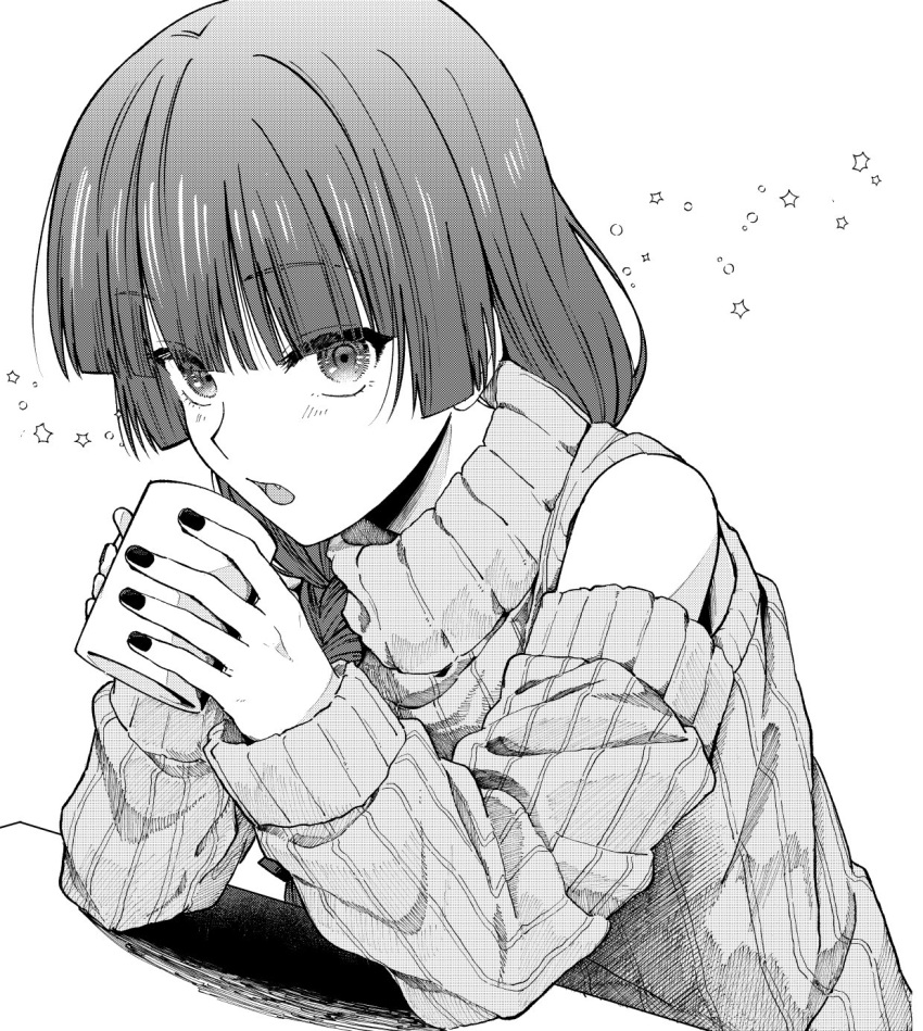 1girl bocchi_the_rock! cup greyscale hands_on_table highres hiroi_kikuri holding holding_cup looking_at_viewer lowlifescore monochrome mug nail_polish simple_background star_(symbol) sweater turtleneck white_background