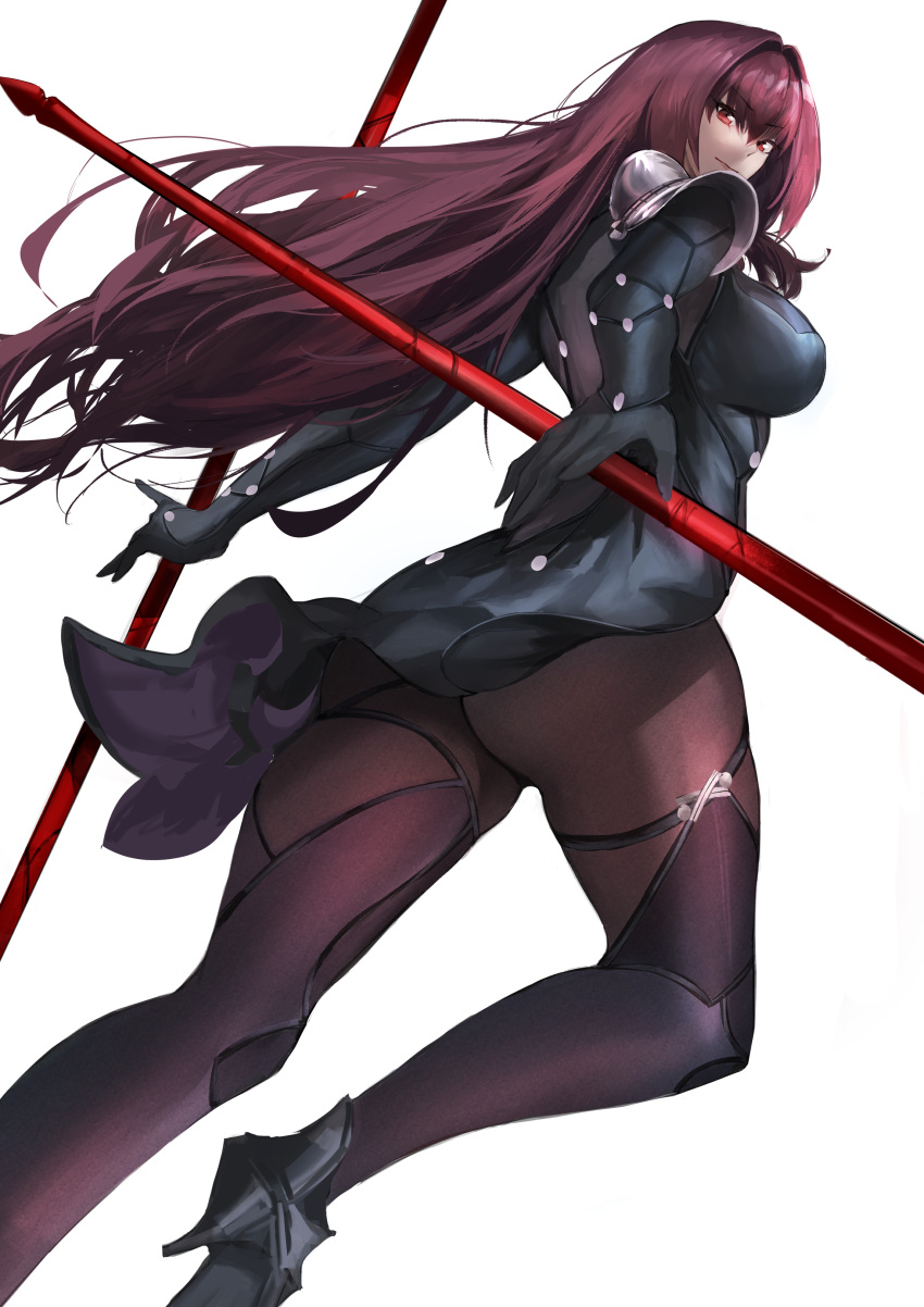 1girl absurdres armor ass black_gloves bodysuit breasts closed_mouth cowboy_shot dual_wielding fate/grand_order fate_(series) gae_bolg_(fate) gloves hair_intakes high_heels highres holding holding_polearm holding_weapon large_breasts legs_apart long_hair looking_at_viewer looking_back pauldrons polearm purple_bodysuit purple_hair purple_theme red_eyes scathach_(fate) shoulder_armor simple_background smile solo weapon white_background yujieai