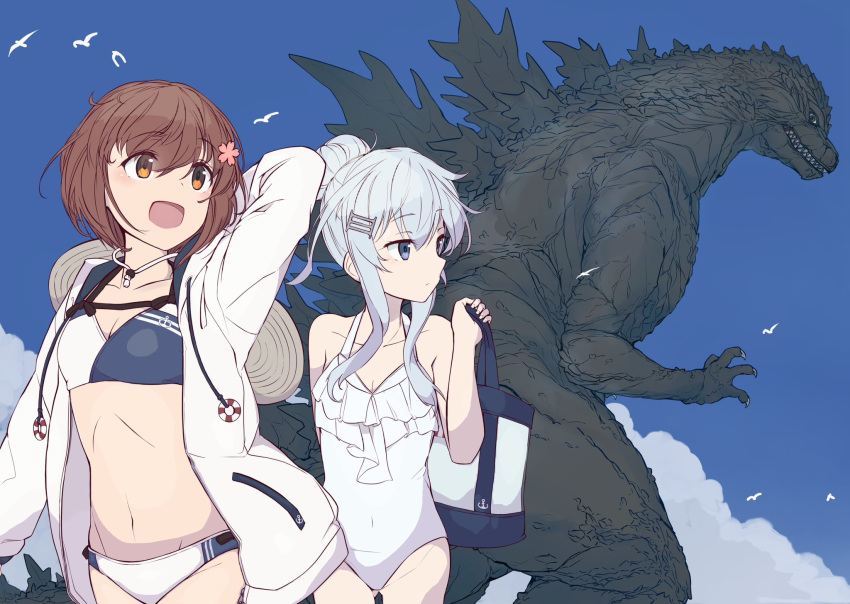 2girls alternate_breast_size bikini blue_eyes blue_sky breasts brown_eyes brown_hair casual_one-piece_swimsuit cloud commentary_request cowboy_shot crossover day flower frilled_one-piece_swimsuit frills godzilla godzilla_(series) godzilla_minus_one hair_flower hair_ornament hibiki_(kancolle) highres hood hooded_jacket jacket kaijuu kantai_collection long_hair minosu multiple_girls one-piece_swimsuit outdoors ponytail short_hair sky small_breasts smile swimsuit two-tone_bikini white_hair white_jacket white_one-piece_swimsuit yukikaze_(kancolle)