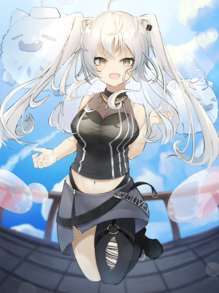 1girl absurdres airborne bangs black_legwear black_shirt breasts bubble cloud fangs grey_eyes grey_hair highres hololive long_hair mattari_osusi medium_breasts navel open_mouth shirt shishiro_botan single_legging sky sleeveless sleeveless_shirt smile solo ssrb sunlight thigh_strap torn_clothes torn_legwear two_side_up virtual_youtuber