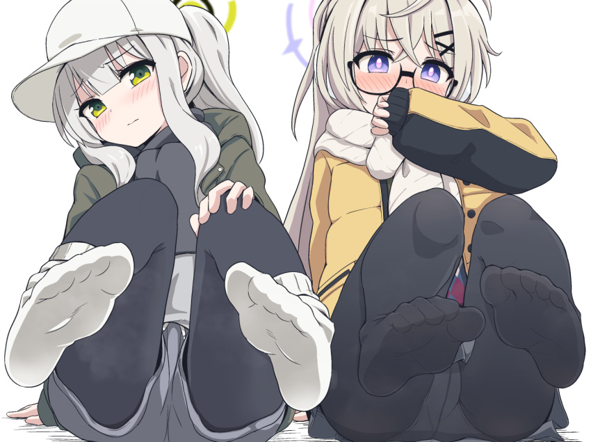 2girls baseball_cap black-framed_eyewear black_pantyhose blue_archive blue_eyes blush bright_pupils covering_mouth feet glasses green_eyes green_jacket grey_hair grey_shorts halo hare_(blue_archive) hare_(camp)_(blue_archive) hat jacket knees_up kotama_(blue_archive) kotama_(camp)_(blue_archive) long_hair long_sleeves looking_at_viewer multiple_girls pantyhose pc_fworks ponytail shorts sidelocks simple_background sitting socks toes white_background white_headwear white_socks yellow_jacket