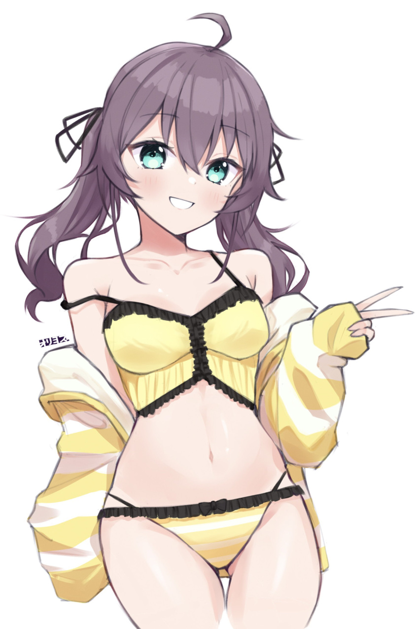 1girl :d absurdres ahoge aqua_eyes armpit_crease bare_shoulders black_bow black_ribbon blush bow bow_panties breasts brown_hair camisole commentary cowboy_shot crop_top frilled_camisole frilled_panties frills hair_between_eyes hair_ribbon hand_up highres hololive jacket long_sleeves midriff natsuiro_matsuri natsuiro_matsuri_(matsuri's_day_off) navel off_shoulder official_alternate_costume oriyos panties ribbon signature simple_background sleepwear sleeves_past_wrists small_breasts smile solo spaghetti_strap strap_slip striped striped_jacket striped_panties symbol-only_commentary thighs twintails underwear v virtual_youtuber white_background white_jacket white_panties yellow_camisole yellow_jacket yellow_panties