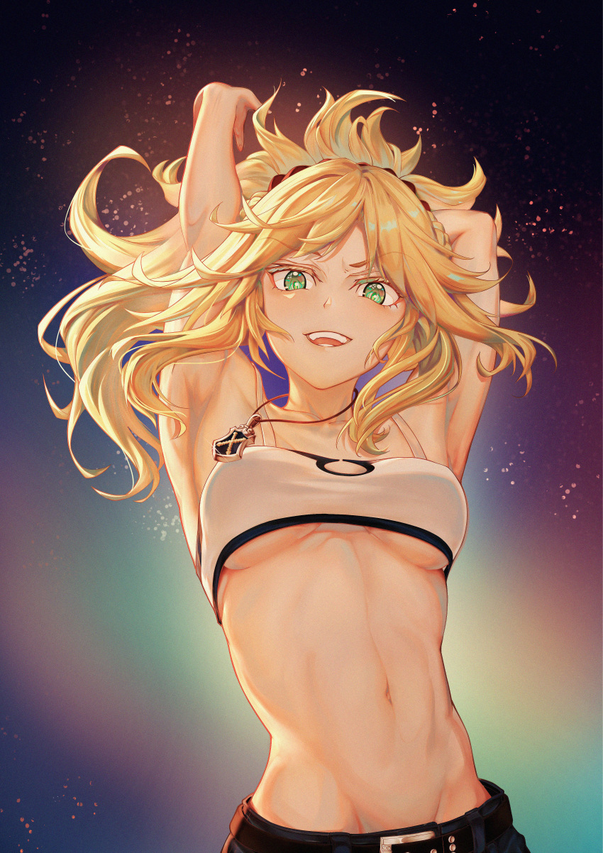 1girl :d absurdres armpits arms_behind_head arms_up bare_shoulders belt blonde_hair breasts commentary_request crop_top denim fate/apocrypha fate_(series) green_eyes hair_ornament hair_scrunchie highres jewelry long_hair looking_at_viewer medium_breasts midriff mordred_(fate) mordred_(fate/apocrypha) mordred_(memories_at_trifas)_(fate) navel no_jacket open_mouth pendant ponytail red_scrunchie scrunchie smile solo stomach tostarin underboob