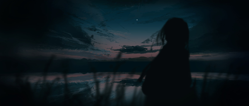 1girl absurdres blurry blurry_foreground cloud cloudy_sky dark dark_background dusk gracile gradient_sky highres horizon landscape medium_hair moon original outdoors pond reeds reflection scenery silhouette sky solo standing upper_body water