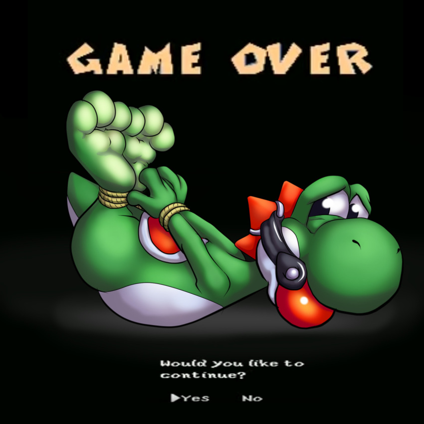 1:1 arms_tied ball_gag barefoot big_feet black_background bound countershading feet furrowed_eyebrows gag game_over_screen green_body green_skin hi_res legs_tied looking_back mario_bros nintendo raptorroper screencap screencap_background shell simple_background soles white_body white_countershading yoshi yoshi_(character)