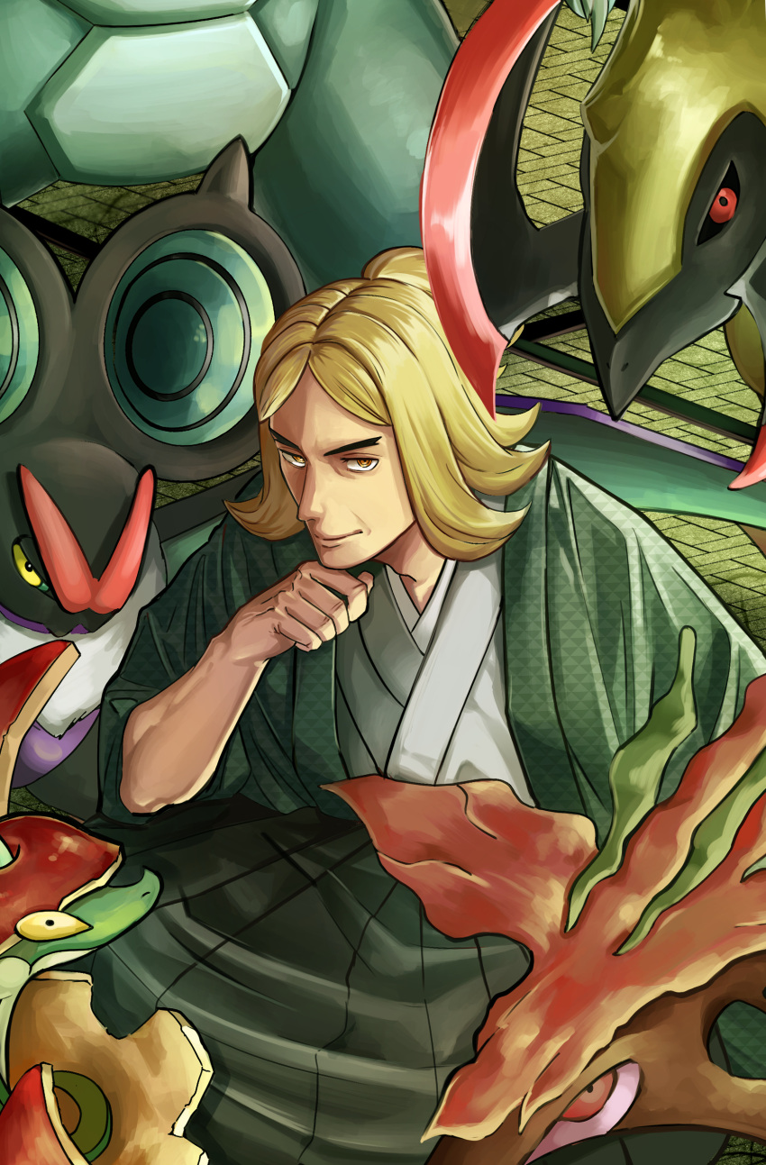 1boy absurdres baxcalibur black_hakama black_sclera blonde_hair closed_mouth colored_sclera commentary_request dragalge flapple hakama haori hassel_(pokemon) haxorus highres itaru_(kidomh63) japanese_clothes male_focus medium_hair noivern pokemon pokemon_(creature) pokemon_sv red_eyes sitting smile solo yellow_eyes