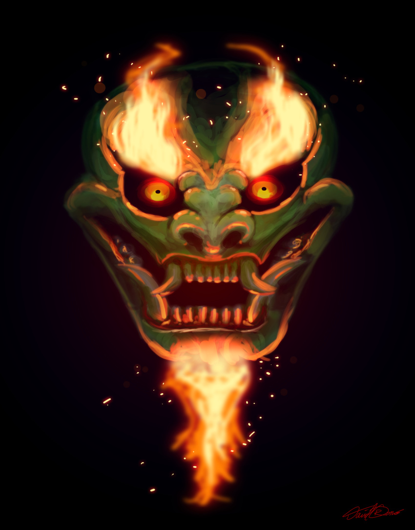 2013 absurd_res aku artist_name beard black_background black_pupils cinemamind colored demon digital_media_(artwork) digital_painting_(artwork) eyebrows facial_hair fire flaming_beard flaming_eyebrows front_view goatee green_face green_nose grin headshot_portrait hi_res humanoid light lighting male open_mouth open_smile orange_beard orange_eyebrows orange_eyes orange_glow portrait pupils samurai_jack signature simple_background smile solo teeth tusks