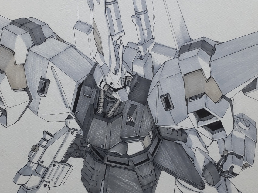 clenched_hand doven_wolf eclogue.566 fusion gelgoog gelgoog_iii gun gundam holding holding_gun holding_weapon horns mecha mecha_request mobile_suit no_humans one-eyed regelg single_horn solo traditional_media weapon white_background zeon