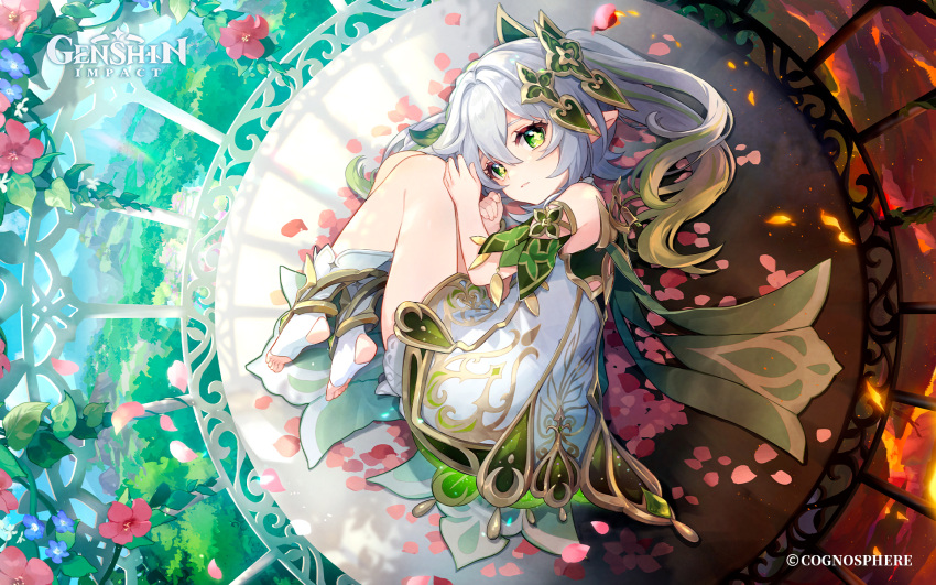 1girl bracelet cage cloud copyright_name crystal dress elf fire flower flower_(symbol) forest gem genshin_impact green_eyes green_hair grey_hair hair_ornament hairclip highres jewelry leaf light_rays logo long_hair lying mihoyo mountain multicolored_hair nahida_(genshin_impact) nature official_art outdoors petals pointy_ears side_ponytail sky solo streaked_hair sunbeam sunlight symbol-shaped_pupils tree white_dress