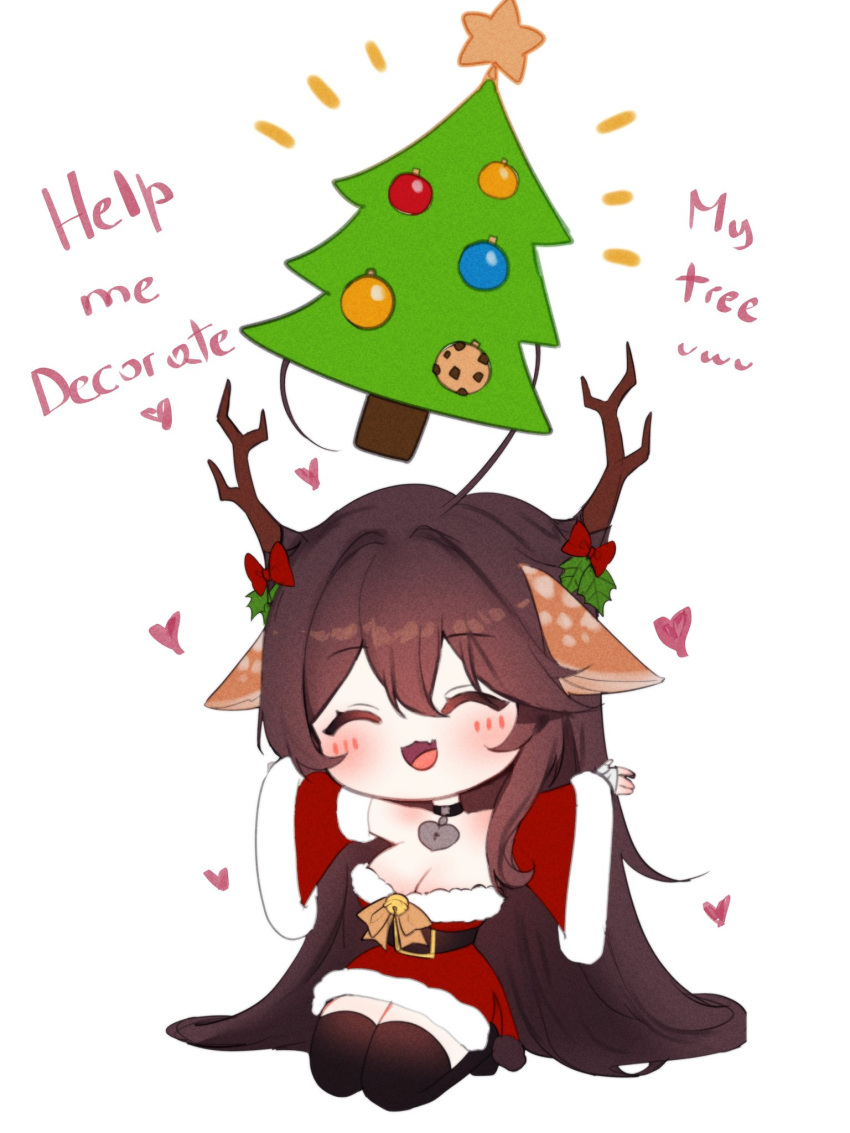1girl :3 absurdly_long_hair animal_ears antlers bare_shoulders bell belt blush bow breasts brown_hair chibi christmas christmas_tree cleavage closed_eyes deer_ears detached_sleeves dress english_text fake_animal_ears fang full_body fur_trim hat highres jingle_bell large_breasts long_hair mistletoe off-shoulder_dress off_shoulder open_mouth original outstretched_arms red_dress reindeer_antlers santa_costume santa_dress santa_hat seiza short_dress simple_background sitting skin_fang sky_above_me sleeveless sleeveless_dress smile very_long_hair white_background yellow_bow
