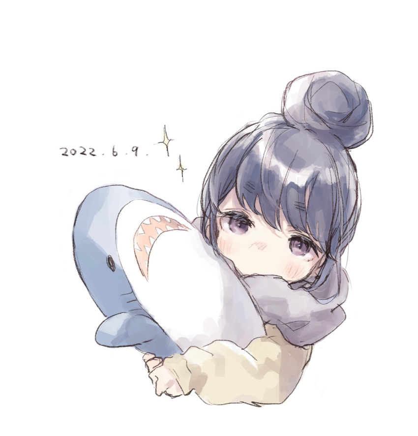 1girl blue_hair blush child dated hair_bun highres holding holding_stuffed_toy jacket long_sleeves looking_at_viewer nenena original purple_eyes scarf simple_background solo sparkle stuffed_animal stuffed_shark stuffed_toy upper_body white_background