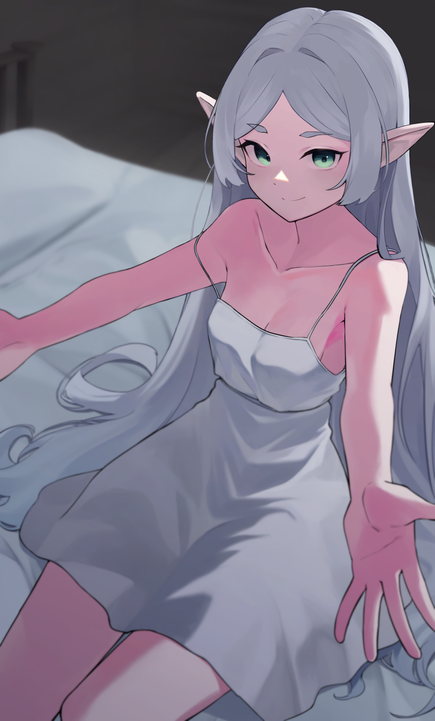 1girl absurdres bare_shoulders bed breasts cleavage commentary_request frieren green_eyes hair_down highres long_hair looking_at_viewer nightgown on_bed outstretched_arms parted_bangs piu47 pointy_ears pov sitting small_breasts smile solo sousou_no_frieren very_long_hair white_nightgown
