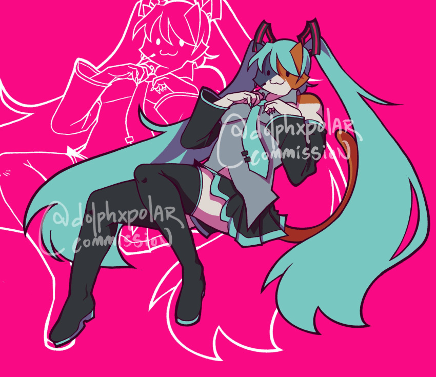 1girl :3 blue_hair cat_girl dolphxpolar fortnite furry furry_female fusion hatsune_miku high_heels highres long_hair long_sleeves looking_at_viewer meowscles pink_background sitting skirt thighhighs twintails vocaloid