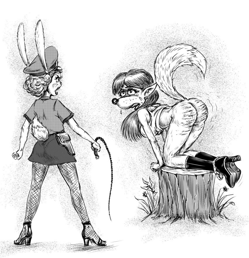 all_fours anthro bodily_fluids boots bottomless butt canid canine clothed clothing crying dominant dominant_anthro dominant_female duo female female/female flower footwear fox gesperax hair hat headgear headwear hi_res high_heels holster humanoid_pointy_ears lagomorph legwear leporid long_hair mammal monochrome open_mouth plant police_uniform predator/prey presenting presenting_hindquarters rabbit raised_tail simple_background stockings submissive submissive_anthro submissive_female tail tears topwear tree_stump uniform whip whip_mark white_background