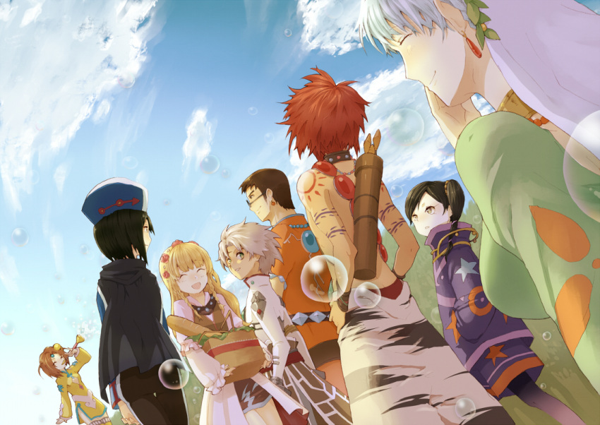 4boys 4girls :d baguette basket black_hair blonde_hair bread brown_hair bubble bubble_blowing chloe_valens closed_eyes cloud day earrings food glasses grune_(tales) jay_(tales) jewelry long_sleeves misoshiru_utoma moses_sandor multiple_boys multiple_girls norma_beatty open_mouth outdoors ponytail quiver senel_coolidge shirley_fennes shirtless short_hair side_ponytail smile standing star_(symbol) star_print tales_of_(series) tales_of_legendia tattoo white_hair will_raynard