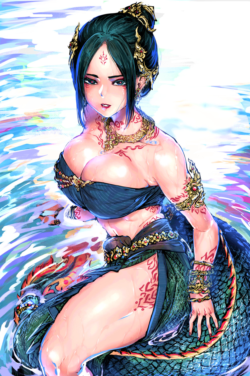1girl afloat anuttsuii armlet bandeau black_eyes black_hair bracelet breasts chinese_zodiac cleavage dragon_girl dragon_tail ear_ornament earrings facial_mark forehead_mark hair_bun hair_ornament highres jewelry large_breasts looking_at_viewer midriff neck_ring new_year original side_slit skirt solo tail tattoo thick_thighs thighs year_of_the_dragon