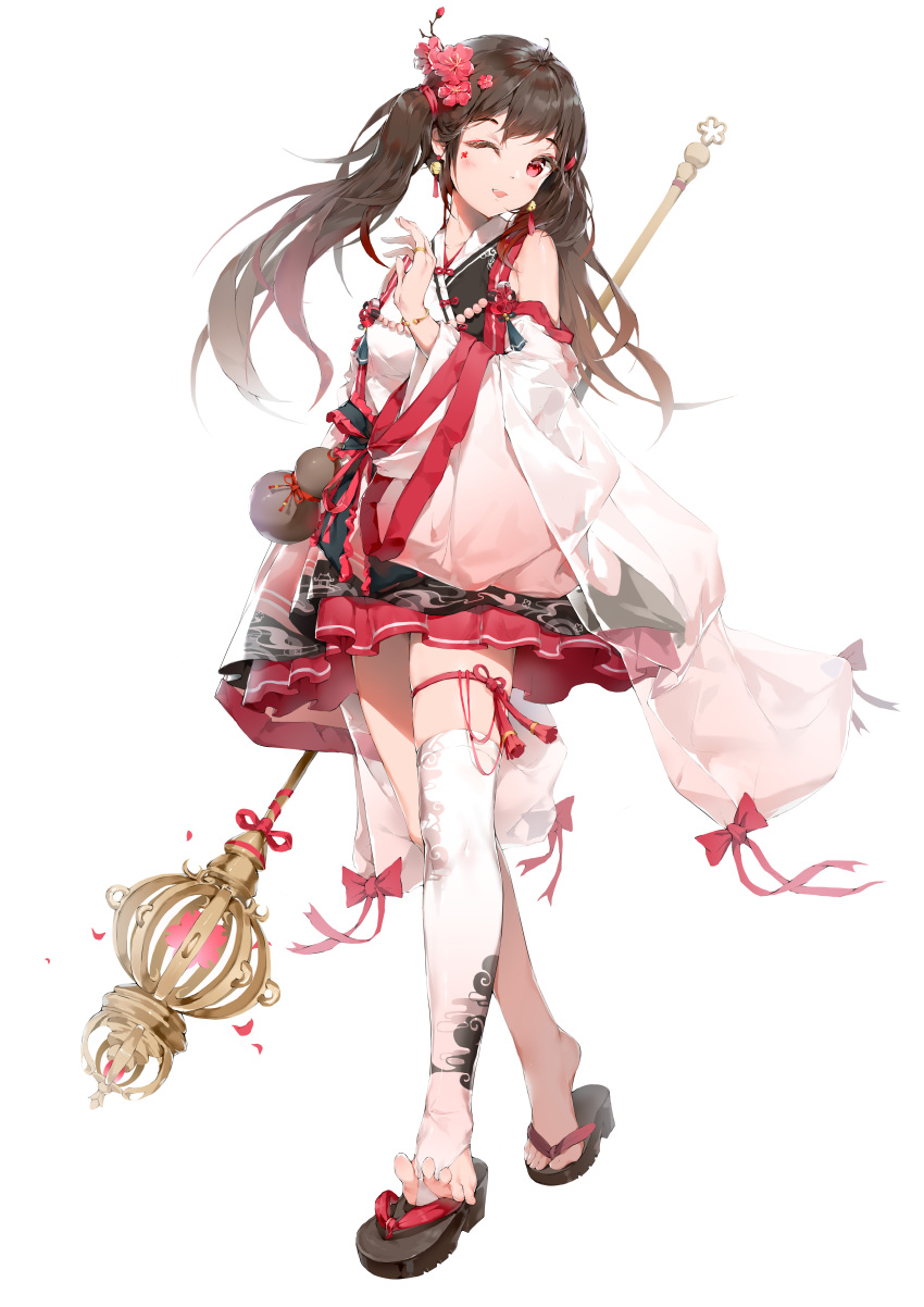 1girl absurdres ahoge bangs bell bell_earrings black_footwear blush bodhi_wushushenghua bow bracelet breasts bridal_legwear brown_hair chinese_clothes chinese_commentary commentary_request earrings feet flower hair_flower hair_ornament hair_ribbon hand_up hanfu highres holding holding_staff jewelry jingle_bell long_hair long_sleeves looking_at_viewer one_eye_closed open_mouth original print_legwear red_bow red_eyes red_flower red_ribbon ribbon ring sandals simple_background single_thighhigh smile solo staff tassel tassel_earrings thigh_strap thighhighs toeless_legwear toes twintails white_background white_legwear wide_sleeves