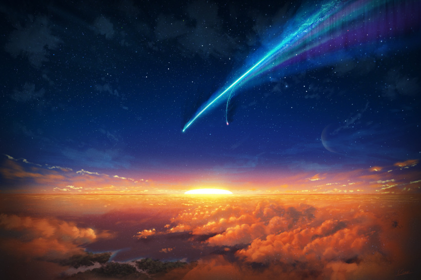 cloud comet commentary_request crescent_moon english_commentary evening fantasy highres horizon kimi_no_na_wa. mixed-language_commentary moon no_humans ocean scenery shore sky star_(sky) starry_sky sun sunset vinci_v7