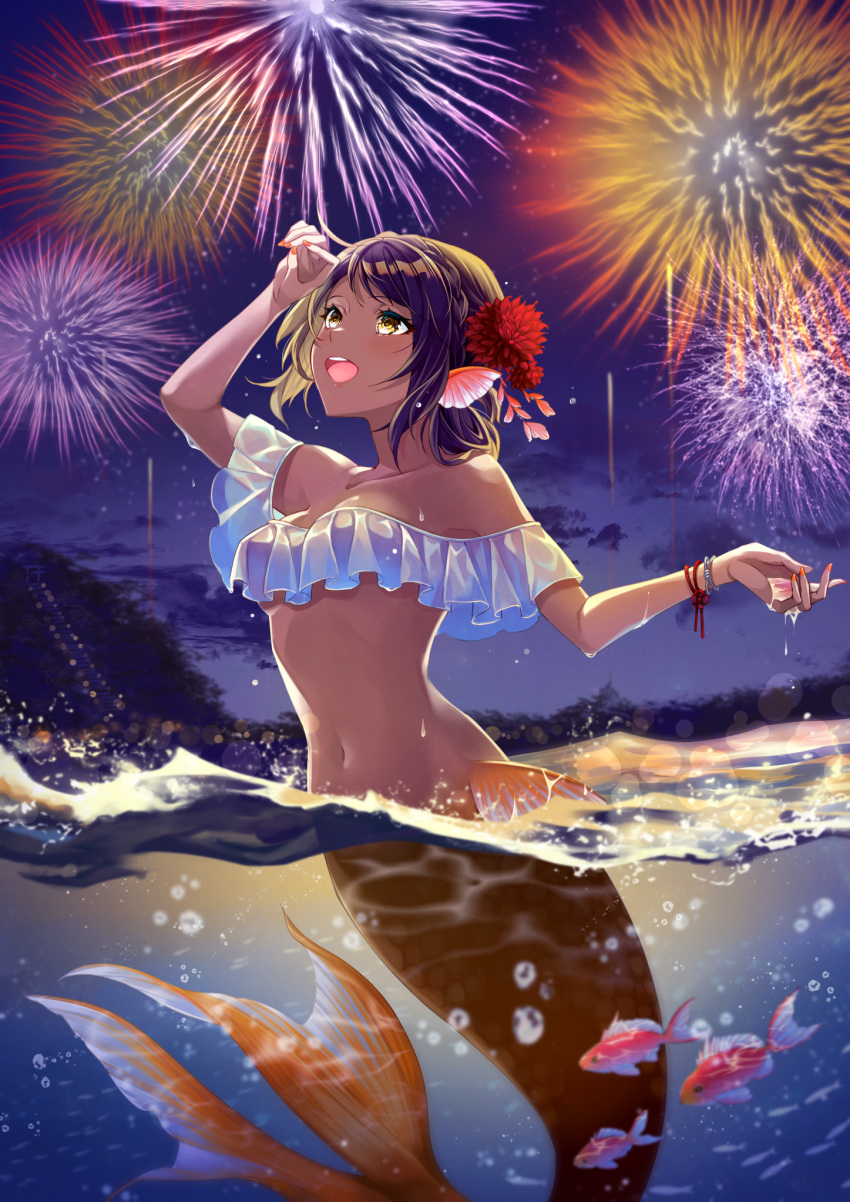 1girl :d aerial_fireworks ahoge air_bubble arm_up bangs bare_shoulders blush braid breasts brown_hair bubble cloud cloudy_sky collarbone commentary_request fins fireworks fish flower french_braid frills groin hair_between_eyes hair_flower hair_ornament head_fins highres ichino_tomizuki looking_up medium_breasts medium_hair mermaid monster_girl navel night open_mouth orange_nails original partially_underwater_shot scales sidelocks sky smile solo split_tail stomach swept_bangs tan upper_teeth wet wristband yellow_eyes