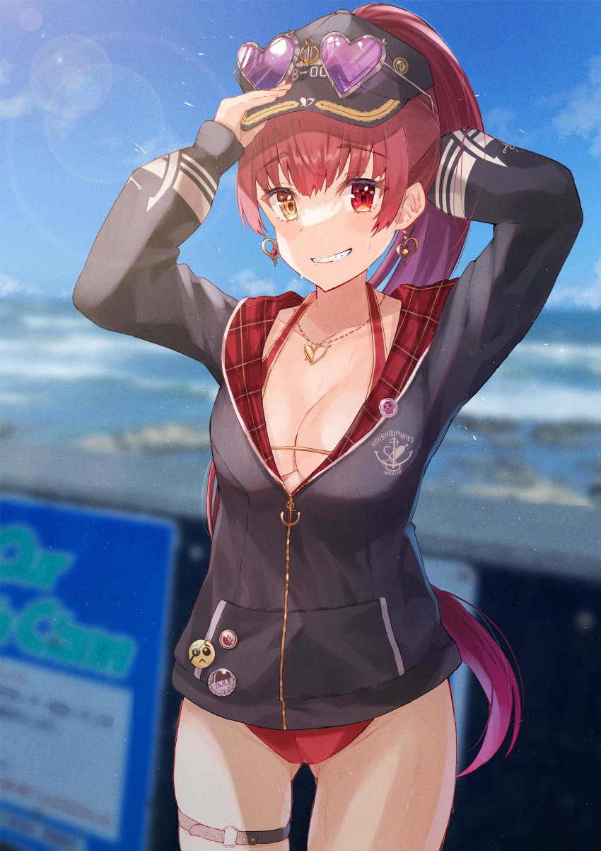 1girl absurdres ass_visible_through_thighs baseball_cap bikini bikini_under_clothes black_headwear black_jacket breasts cleavage earrings eyewear_on_head glasses gold_earrings gold_necklace haru_yu hat heart heart-shaped_eyewear heart_earrings heart_necklace heterochromia highres hololive houshou_marine houshou_marine_(summer) jacket jewelry large_breasts long_hair necklace official_alternate_costume ponytail red_bikini red_eyes red_hair solo sunglasses swimsuit thigh_strap virtual_youtuber yellow_eyes