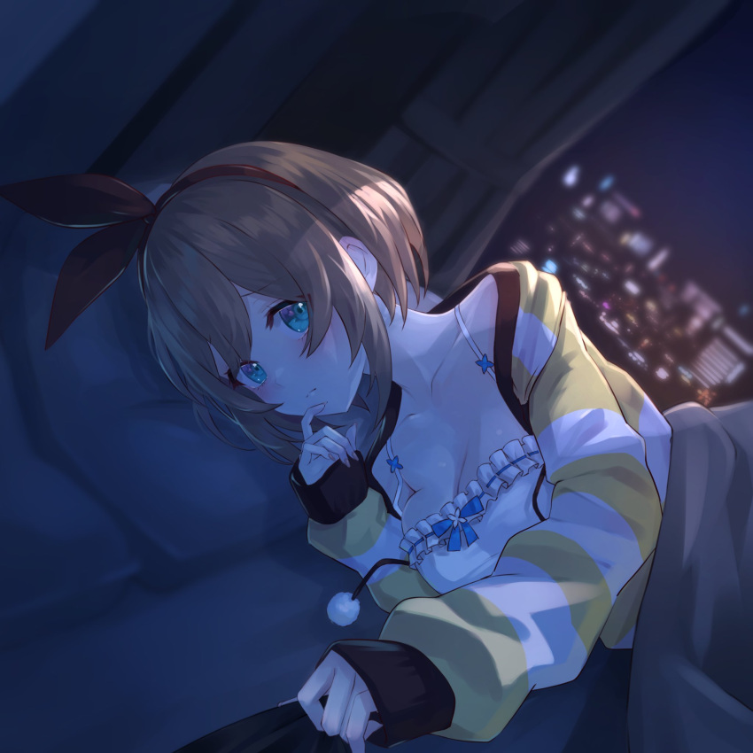 1girl aogiri_koukou bed_sheet black_ribbon blue_eyes blurry blurry_background breasts brown_hair cityscape cleavage collarbone curtains dress hair_ribbon highres jacket kkix25 kurikoma_komaru multicolored_clothes multicolored_jacket pillow pom_pom_(clothes) ribbon shirt_grab sleeves_past_wrists solo striped striped_jacket upper_body virtual_youtuber white_dress white_jacket yellow_jacket