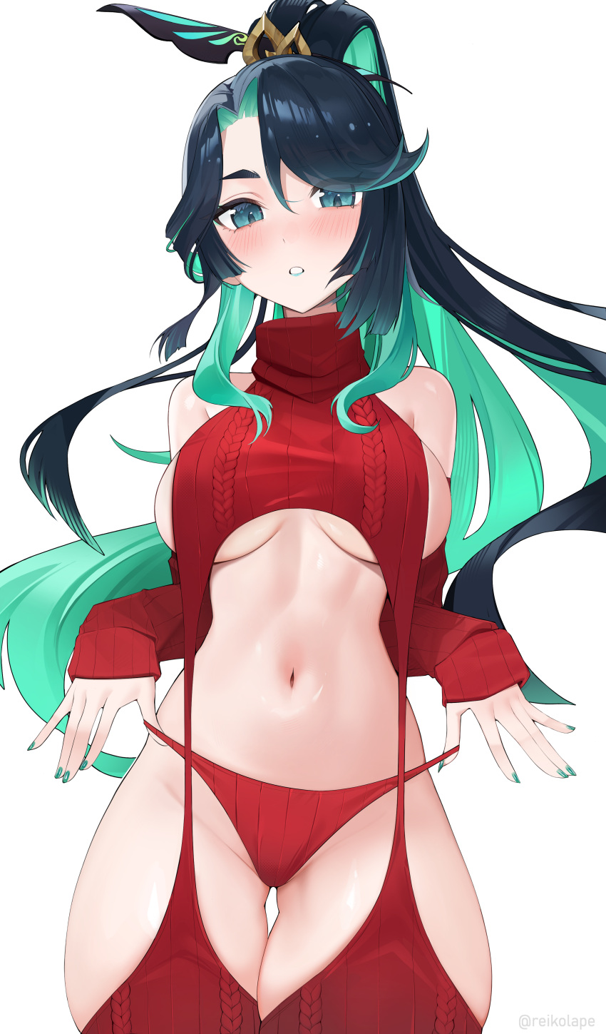 1girl absurdres aqua_eyes bare_shoulders black_hair blush breasts cloud_retainer_(genshin_impact) colored_inner_hair detached_sleeves genshin_impact glasses green_hair hair_ornament highres jewelry large_breasts long_hair looking_at_viewer meme_attire multicolored_hair navel panties reiko_lape ribbed_panties ribbed_sleeves ribbed_thighhighs simple_background solo sweater thick_thighs thighhighs thighs turtleneck two-tone_hair underboob underwear very_long_hair virgin_destroyer_sweater white_background xianyun_(genshin_impact)