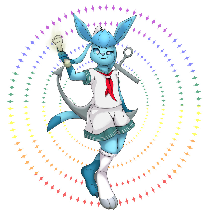 ambiguous_gender anchor anthro blue_body blue_eyes bottomwear clothing diamond_shape eeveelution eyebrows footwear generation_4_pokemon glaceon half-closed_eyes hi_res holding_anchor holding_object holding_weapon male_(lore) minamitsu_murasa narrowed_eyes nintendo paws paws_in_socks pkmgx pokemon pokemon_(species) portrait pose presenting rainbow rainbow_colors raised_eyebrow red_scarf sailor_collar sailor_hat sailor_uniform scarf simple_background skirt smile smiling_at_viewer smirk smirking_at_viewer socks solo standing tail touhou weapon white_background