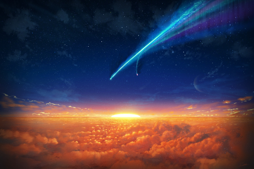 cloud comet commentary_request crescent_moon english_commentary evening fantasy highres horizon kimi_no_na_wa. mixed-language_commentary moon no_humans scenery sky star_(sky) starry_sky sun sunset vinci_v7