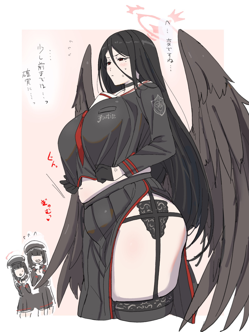 3girls absurdres anger_vein black_choker black_hair blue_archive blush border breasts choker closed_mouth commentary_request cropped_legs feathered_wings hair_between_eyes half-closed_eyes halo hasumi_(blue_archive) highres huge_breasts karaage53ko large_wings long_hair long_sleeves low_wings mole mole_under_eye muffin_top multiple_girls open_mouth outside_border pink_background pink_halo plump red_eyes thick_thighs thighs translation_request white_border wings