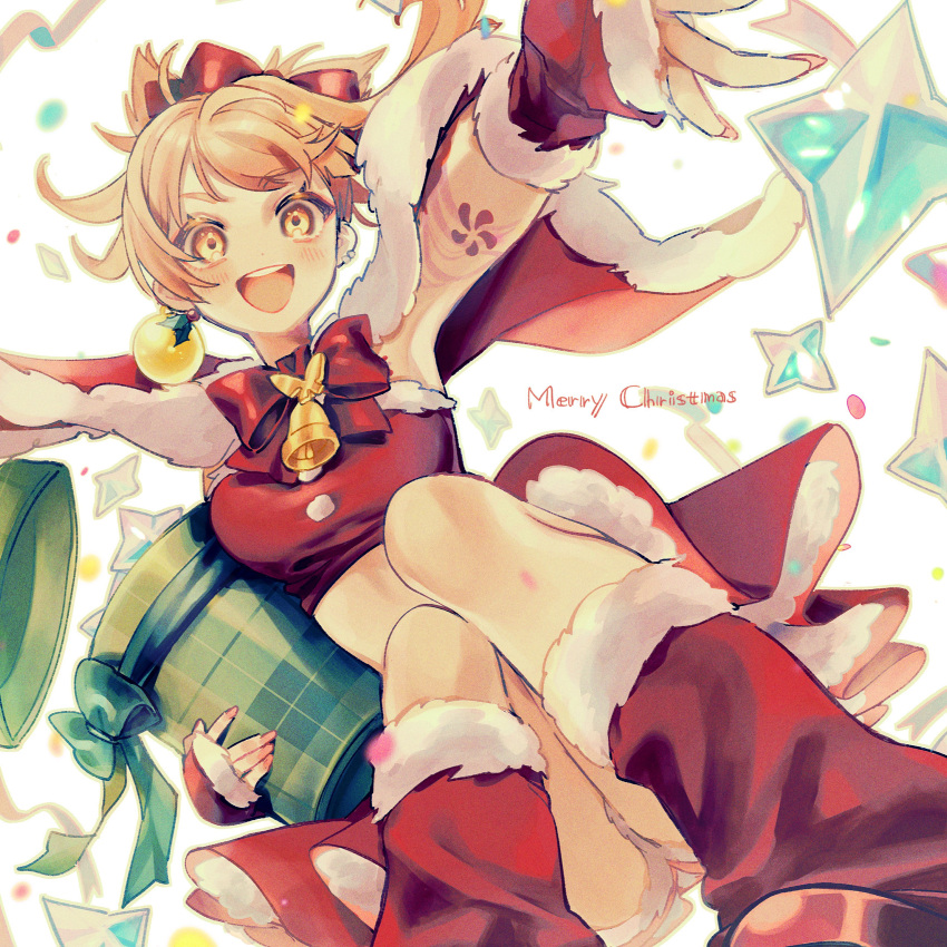 1girl absurdres alternate_costume bell blonde_hair blush bow box breasts christmas confetti crop_top earrings fingerless_gloves fur_trim genshin_impact gift gift_box gloves highres jewelry leg_warmers looking_at_viewer medium_breasts merry_christmas open_mouth orange_eyes primogem red_bow red_gloves red_skirt simple_background skirt solo tamaya_yoi tattoo white_background yoimiya_(genshin_impact)