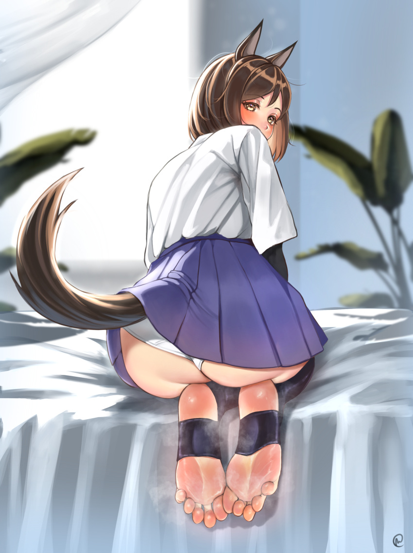 1girl absurdres animal_ears ass bed_sheet black_thighhighs black_undershirt blue_sky blurry blurry_background brown_hair brown_tail commentary commission english_commentary eyelashes feet foot_focus from_behind full_body greek_toe high-waist_skirt highres kuroda_kunika leaning_forward looking_at_viewer looking_back medium_hair miniskirt nikishiko no_shoes noble_witches on_bed panties pixiv_commission short_sleeves signature skirt sky smell soles solo steaming_body stirrup_legwear thighhighs toeless_legwear toenails toes undershirt underwear white_panties world_witches_series yellow_eyes