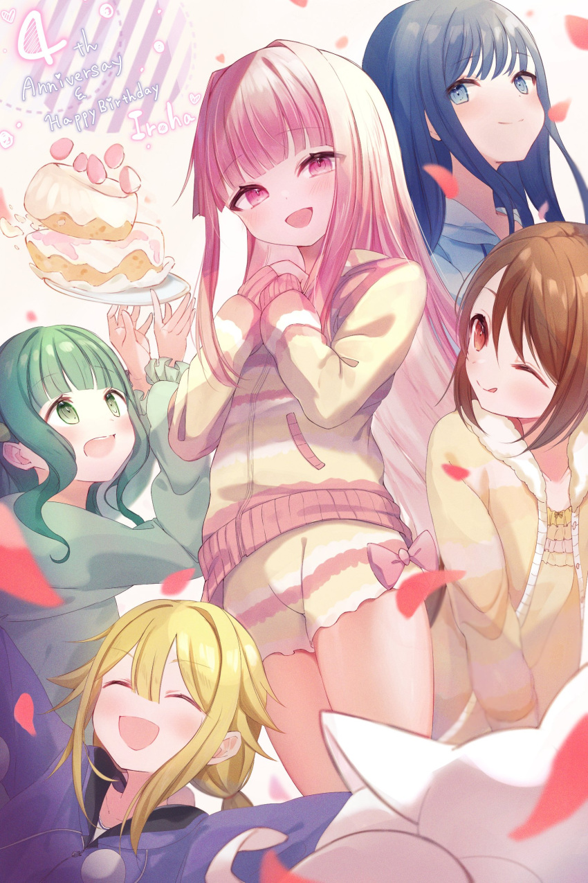 5girls absurdres blonde_hair blue_eyes blue_hair blunt_bangs brown_hair cake food futaba_sana green_eyes green_hair happy_birthday highres long_hair magia_record:_mahou_shoujo_madoka_magica_gaiden mahou_shoujo_madoka_magica mitsuki_felicia multiple_girls nanami_yachiyo okomeillust one_eye_closed pajamas petals pink_eyes pink_hair red_eyes smile tamaki_iroha twintails yellow_pajamas yui_tsuruno