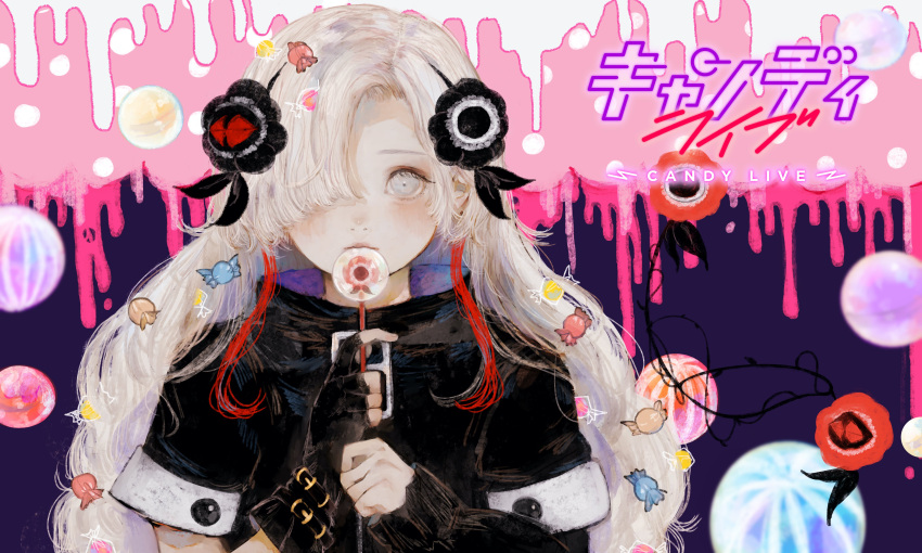 1girl absurdres asymmetrical_sleeves candy candy_hair_ornament coat commentary_request creature expressionless familiar fingerless_gloves food food-themed_hair_ornament gloves grey_eyes grey_hair hair_ornament hair_over_one_eye highres holding holding_candy holding_food holding_lollipop isekai_joucho kamitsubaki_studio lollipop long_hair looking_at_viewer multicolored multicolored_background multicolored_hair official_art orie_h red_hair single_glove solo two-tone_hair uneven_sleeves upper_body virtual_youtuber