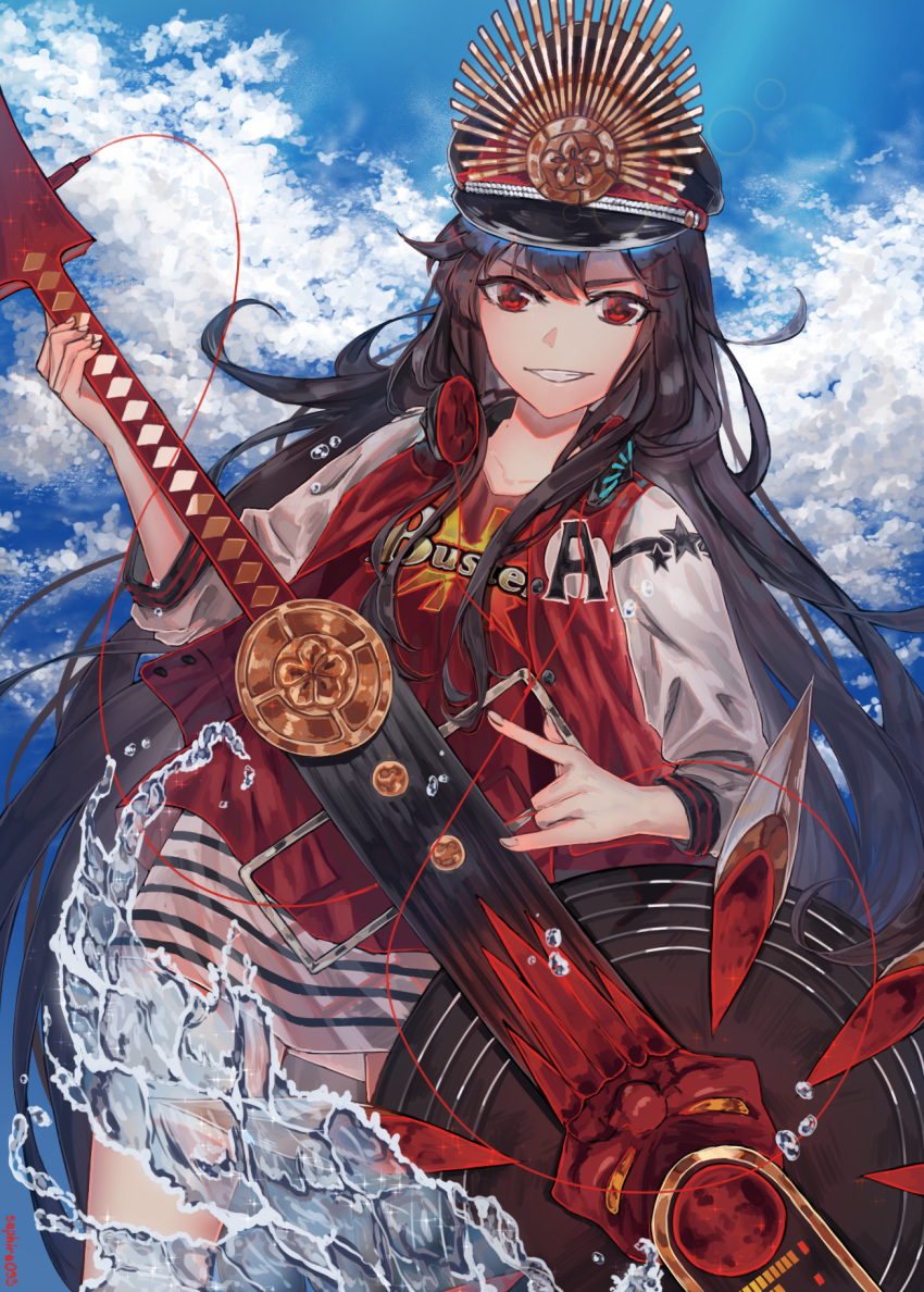 1girl \m/ black_hair blue_sky buster_shirt cloud day family_crest fate/grand_order fate_(series) grin guitar hat headphones highres holding holding_instrument instrument jacket letterman_jacket long_hair military_hat oda_nobunaga_(fate) oda_nobunaga_(swimsuit_berserker)_(fate) oda_uri peaked_cap red_eyes saphira033 skirt sky smile solo striped striped_skirt very_long_hair water