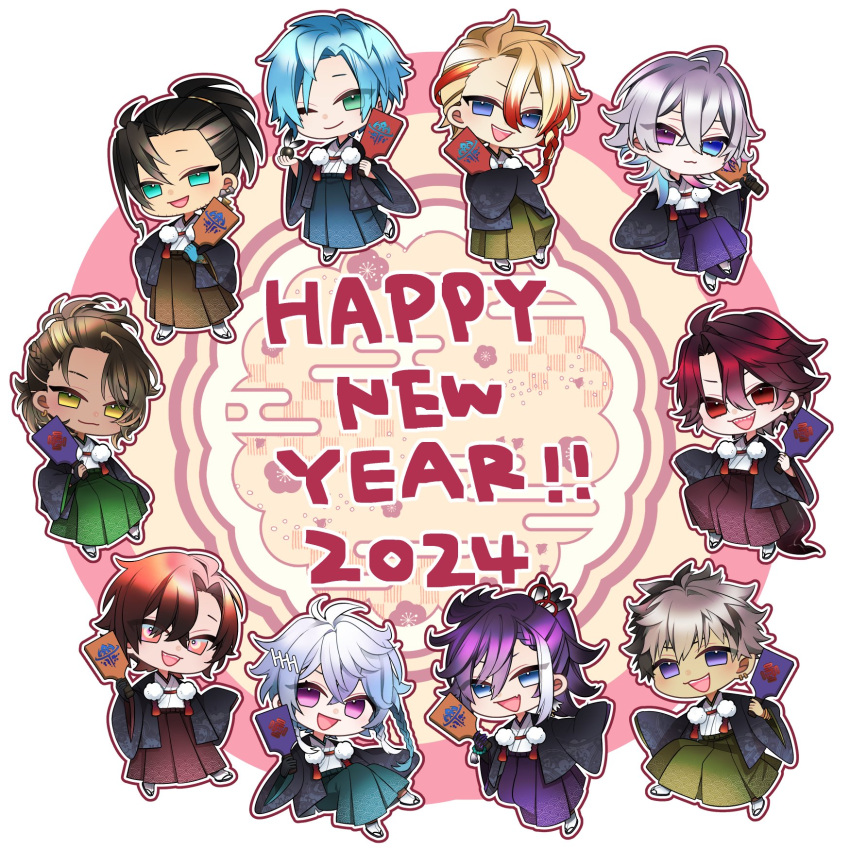 029jrr 2024 6+boys androgynous axel_syrios banzoin_hakka black_gloves black_hair blonde_hair blue_eyes blue_hair brown_hair chibi crimzon_ruze english_commentary english_text everyone full_body gavis_bettel gloves goldbullet green_eyes grey_hair hair_between_eyes happy_new_year heterochromia high_ponytail highres holostars holostars_english holotempus japanese_clothes josuiji_shinri jurard_t_rexford kimono long_hair looking_at_viewer machina_x_flayon male_focus multicolored_hair multiple_boys octavio one_eye_closed outline pink_eyes pink_hair pink_outline purple_eyes purple_hair red_eyes red_hair regis_altare short_hair smile streaked_hair two-tone_hair virtual_youtuber white_background white_outline yukata