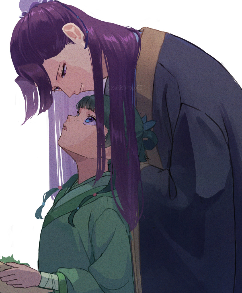 1boy 1girl absurdres bandaged_arm bandages basket blue_eyes blunt_bangs bun_cover chinese_clothes closed_eyes eye_contact eyelashes freckles from_side green_hair hair_bun hair_flowing_over hair_over_shoulder hair_rings half_updo hanfu height_difference highres holding holding_basket jinshi_(kusuriya_no_hitorigoto) kusuriya_no_hitorigoto long_hair long_sleeves looking_at_another looking_down looking_up maomao_(kusuriya_no_hitorigoto) profile purple_eyes purple_hair simple_background single_hair_bun smile straight_hair tsukishiro_o0o twintails twitter_username upper_body white_background wide_sleeves