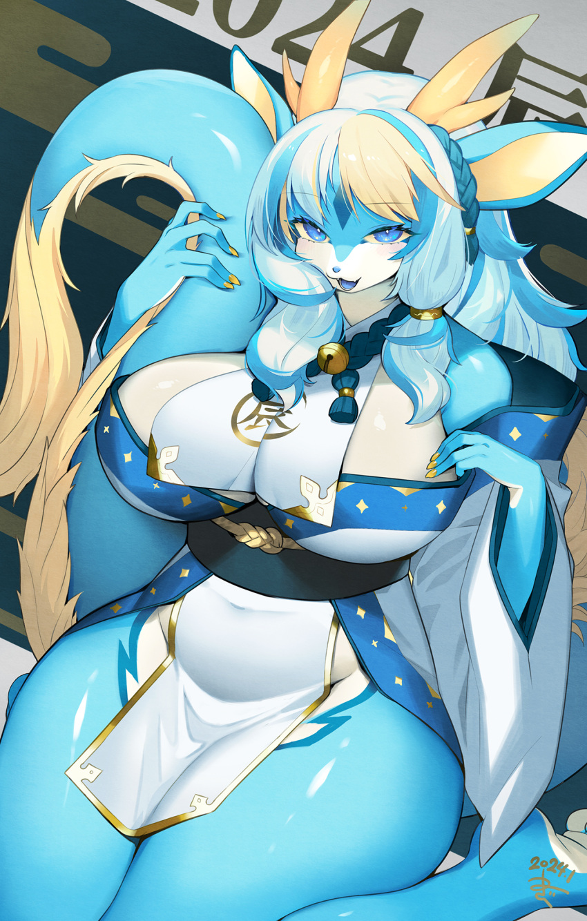 1girl 2024 animal_ears animal_nose blonde_hair blue_eyes blue_hair blue_tongue breasts chinese_zodiac colored_tongue dated dragon_ears dragon_girl dragon_horns dragon_tail furry furry_female highres horns kishibe large_breasts looking_at_viewer multicolored_hair new_year open_mouth original pelvic_curtain signature snout solo tail thick_thighs thighs white_hair year_of_the_dragon yellow_horns