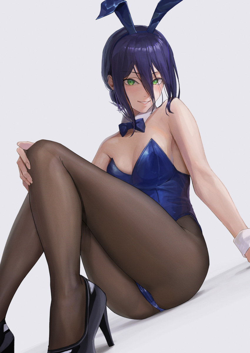 1girl absurdres animal_ears ano_(gccx8784) bare_shoulders black_footwear blue_hair blue_leotard bow bowtie breasts chainsaw_man cleavage detached_collar fake_animal_ears green_eyes hair_between_eyes hair_bun hand_on_own_knee high_heels highleg highleg_leotard highres knees_up legs leotard looking_at_viewer medium_breasts medium_hair pantyhose parted_lips playboy_bunny rabbit_ears reze_(chainsaw_man) single_hair_bun sitting smile solo strapless strapless_leotard thighs traditional_bowtie wrist_cuffs