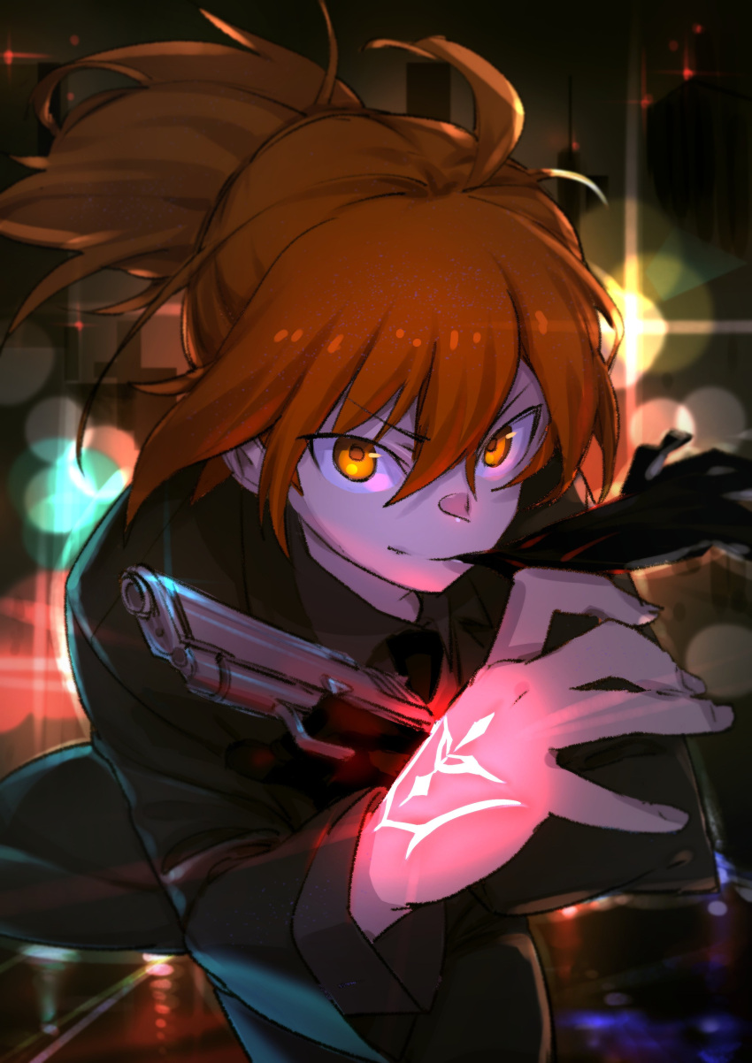 1girl absurdres ahoge black_jacket black_pants blurry blurry_background command_spell fate/grand_order fate_(series) fujimaru_ritsuka_(female) glove_in_mouth gloves gun hair_between_eyes highres holding holding_gun holding_weapon jacket looking_at_viewer mouth_hold orange_eyes orange_hair pants ponytail smile solo try_(lsc) weapon