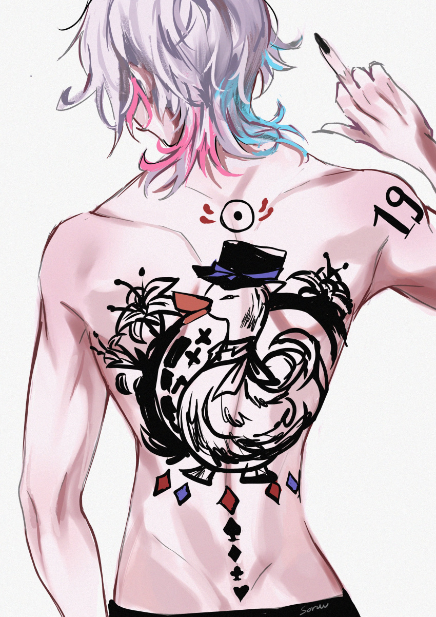 1boy absurdres back back_tattoo bird black_nails blue_hair english_commentary facing_away flower from_behind gavis_bettel goose grey_hair hat highres holostars holostars_english male_focus medium_hair middle_finger multicolored_hair nail_polish pink_hair shoulder_tattoo signature sketch solo soruukaii tattoo top_hat topless_male upper_body virtual_youtuber white_background